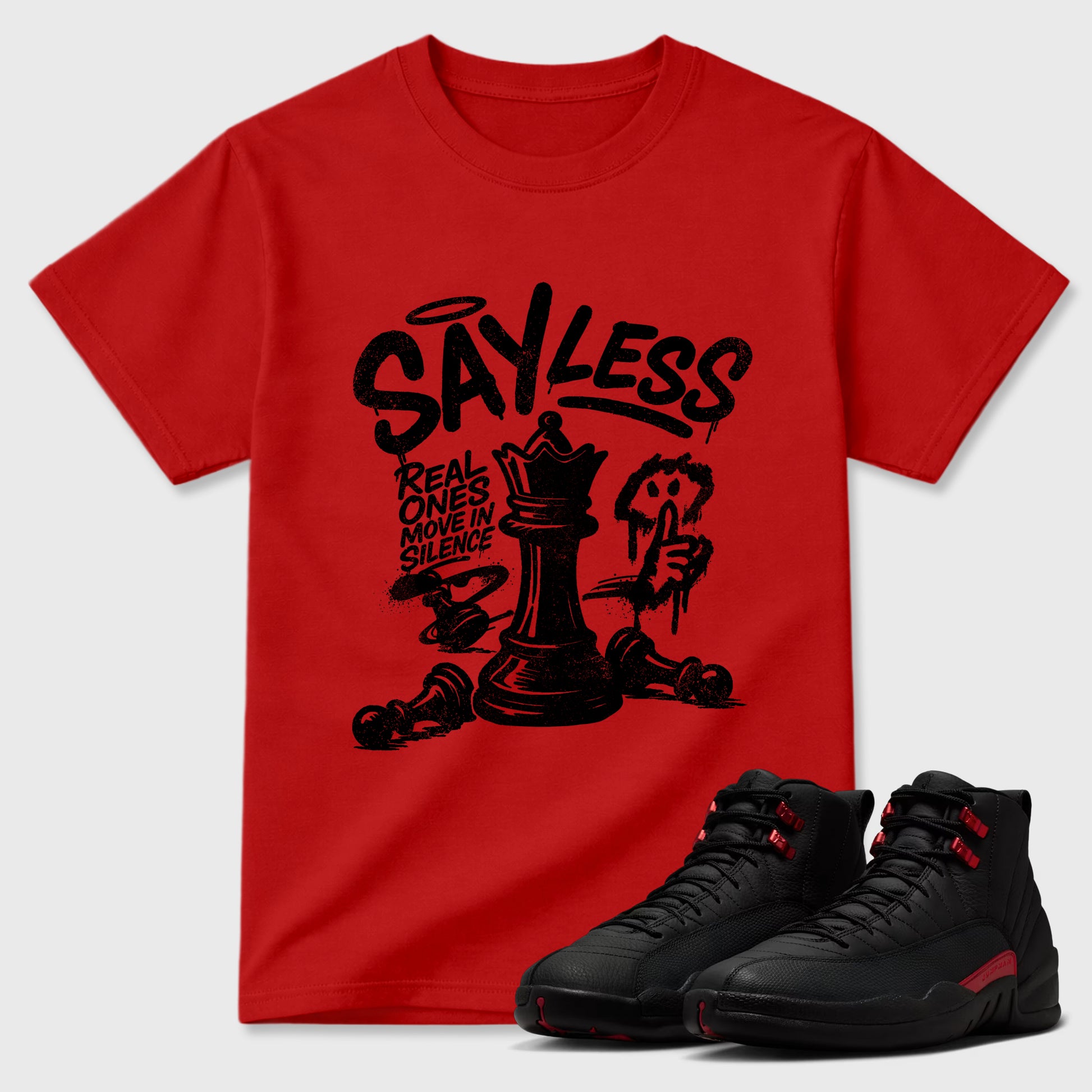 Say Less Graphic T-Shirt sneaker match tee designed for the Air Jordan 12 Bloodline, featuring coordinated color options for a perfect streetwear match. Red 1 shirt.