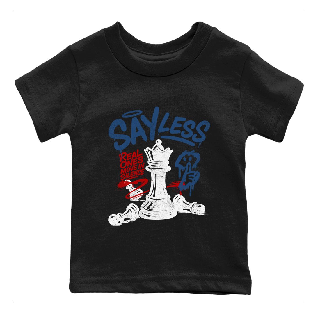 Say Less baby and kids t-shirt crafted for little sneakerheads to shine with the Air Jordan 12 French Blue sneakers, displayed in Black 2.
