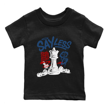 Say Less baby and kids t-shirt crafted for little sneakerheads to shine with the Air Jordan 12 French Blue sneakers, displayed in Black 2.
