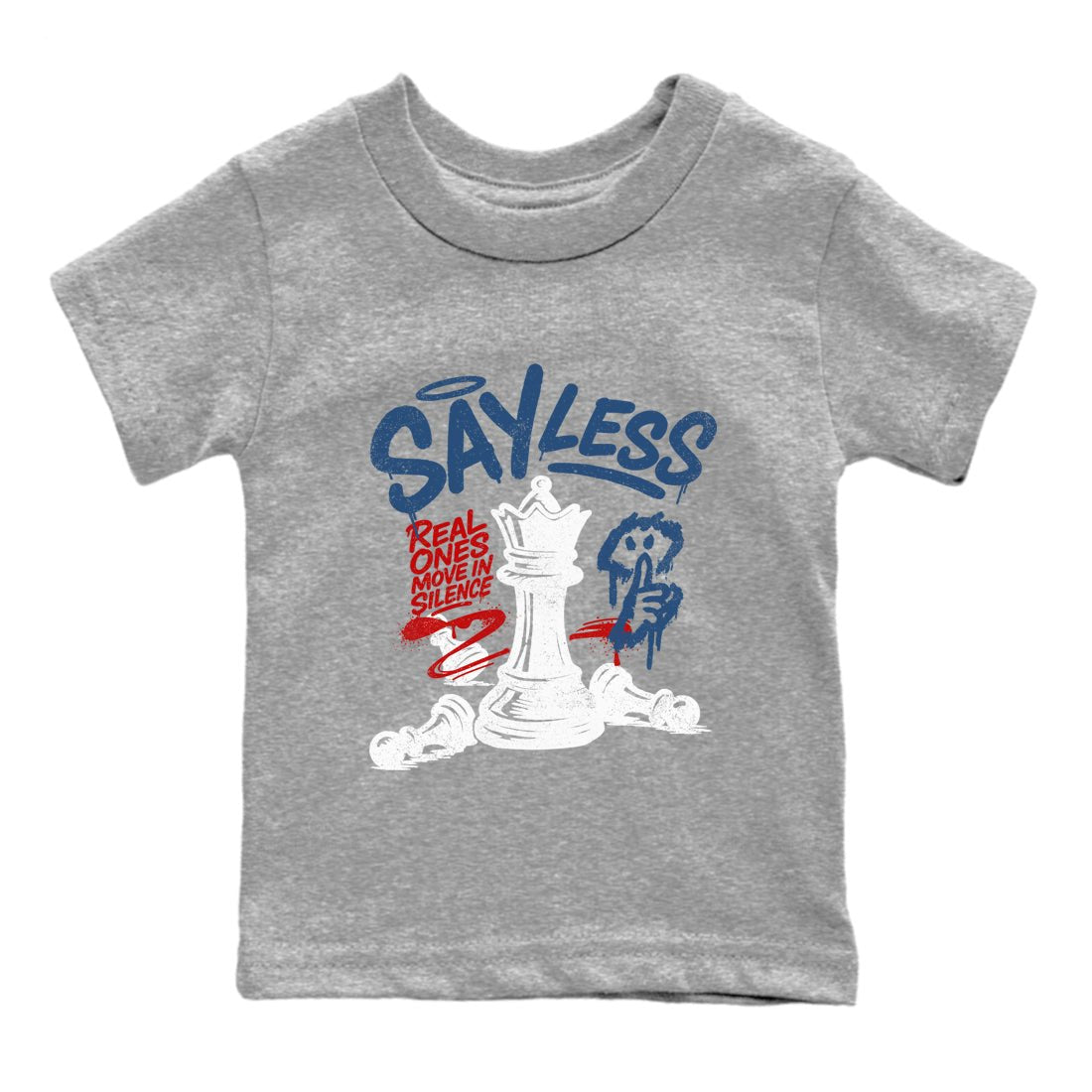 Say Less baby and kids t-shirt crafted for little sneakerheads to shine with the Air Jordan 12 French Blue sneakers, displayed in Heather Grey 2.