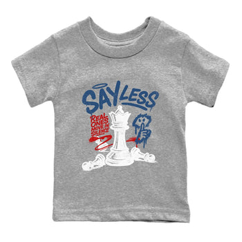 Say Less baby and kids t-shirt crafted for little sneakerheads to shine with the Air Jordan 12 French Blue sneakers, displayed in Heather Grey 2.