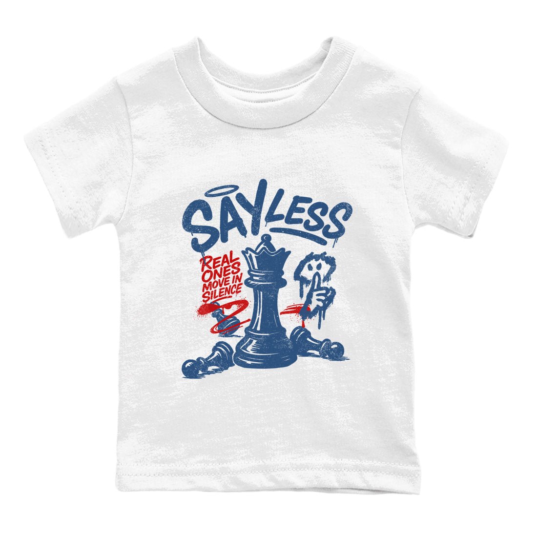 Say Less baby and kids t-shirt crafted for little sneakerheads to shine with the Air Jordan 12 French Blue sneakers, displayed in White 2.