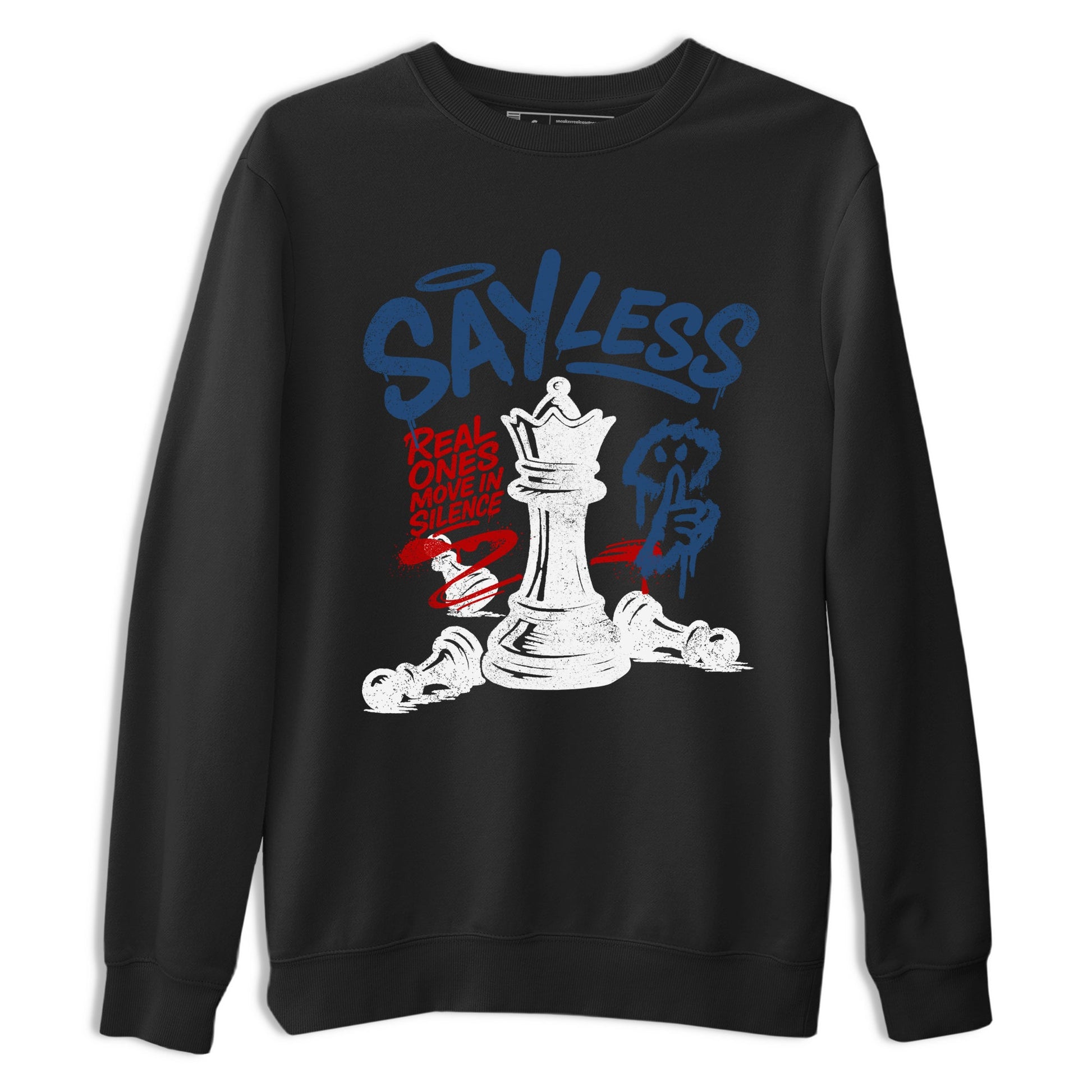 Say Less sneaker match t-shirt styled to complete your fit with the Air Jordan 12 French Blue sneakers, shown in Black 2.