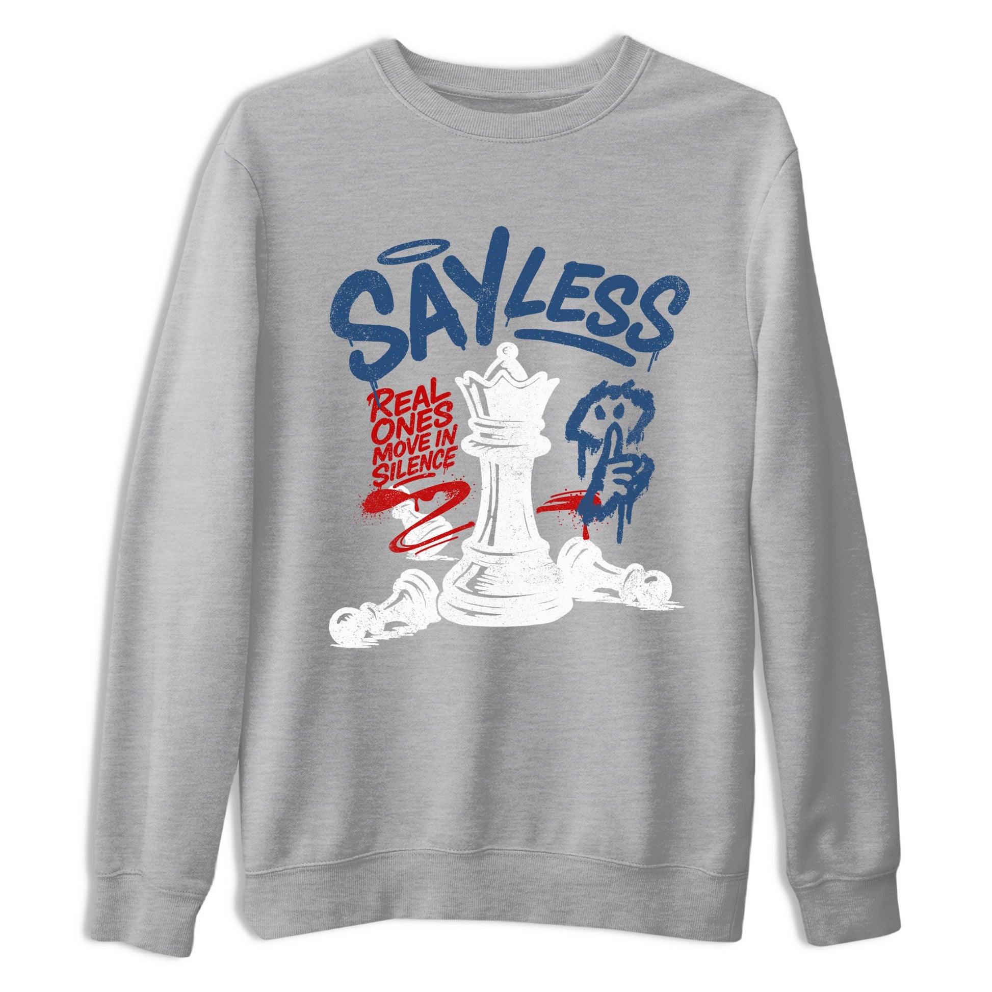 Say Less sneaker match t-shirt styled to complete your fit with the Air Jordan 12 French Blue sneakers, shown in Heather Grey 2.