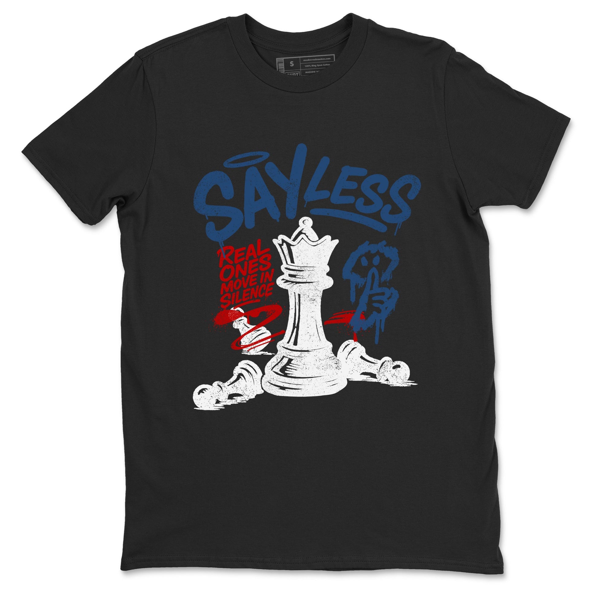 Say Less sneaker match t-shirt styled to complete your fit with the Air Jordan 12 French Blue sneakers, shown in Black 2.