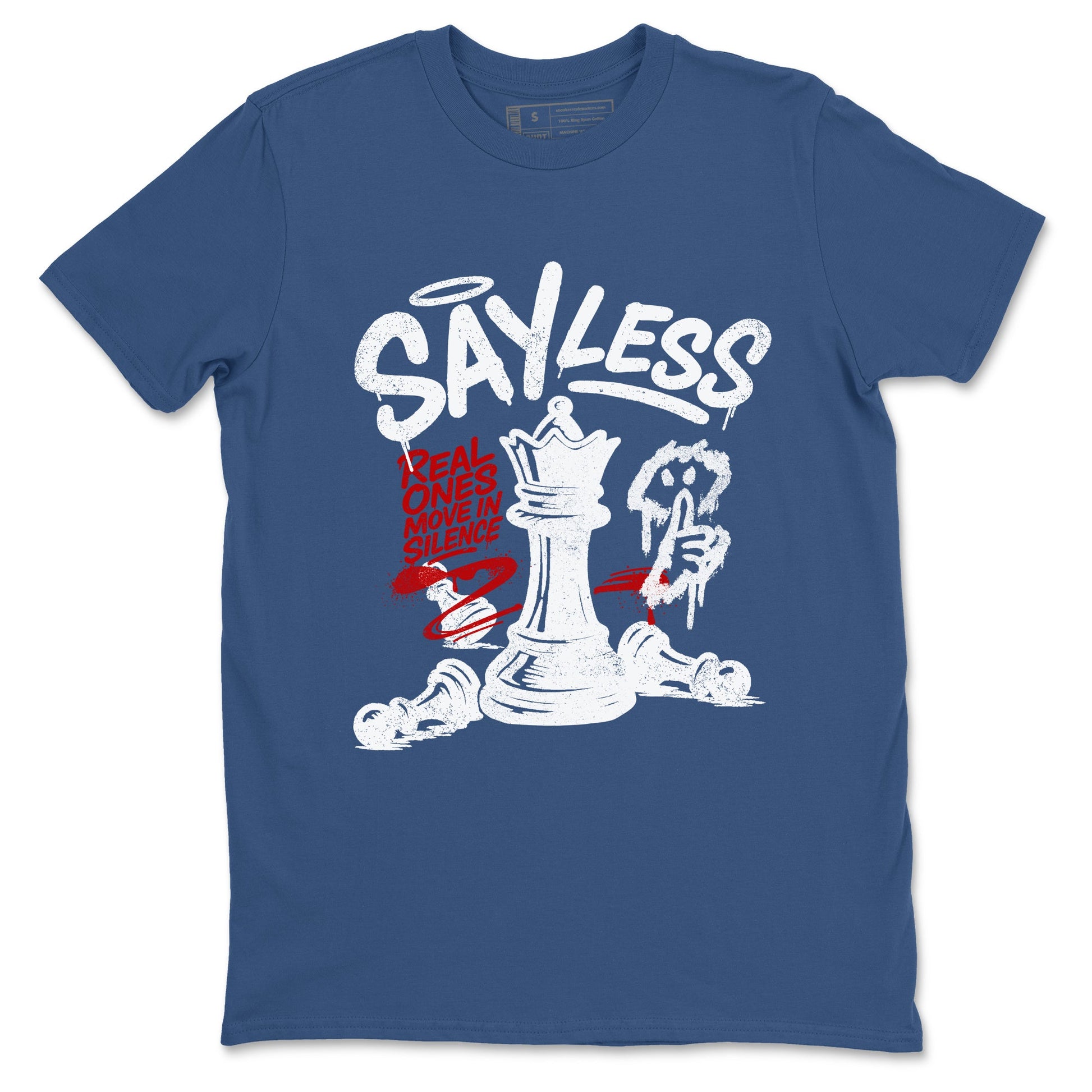 Say Less sneaker match t-shirt styled to complete your fit with the Air Jordan 12 French Blue sneakers, shown in Denim Blue 2.