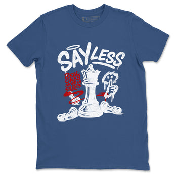 Say Less sneaker match t-shirt styled to complete your fit with the Air Jordan 12 French Blue sneakers, shown in Denim Blue 2.