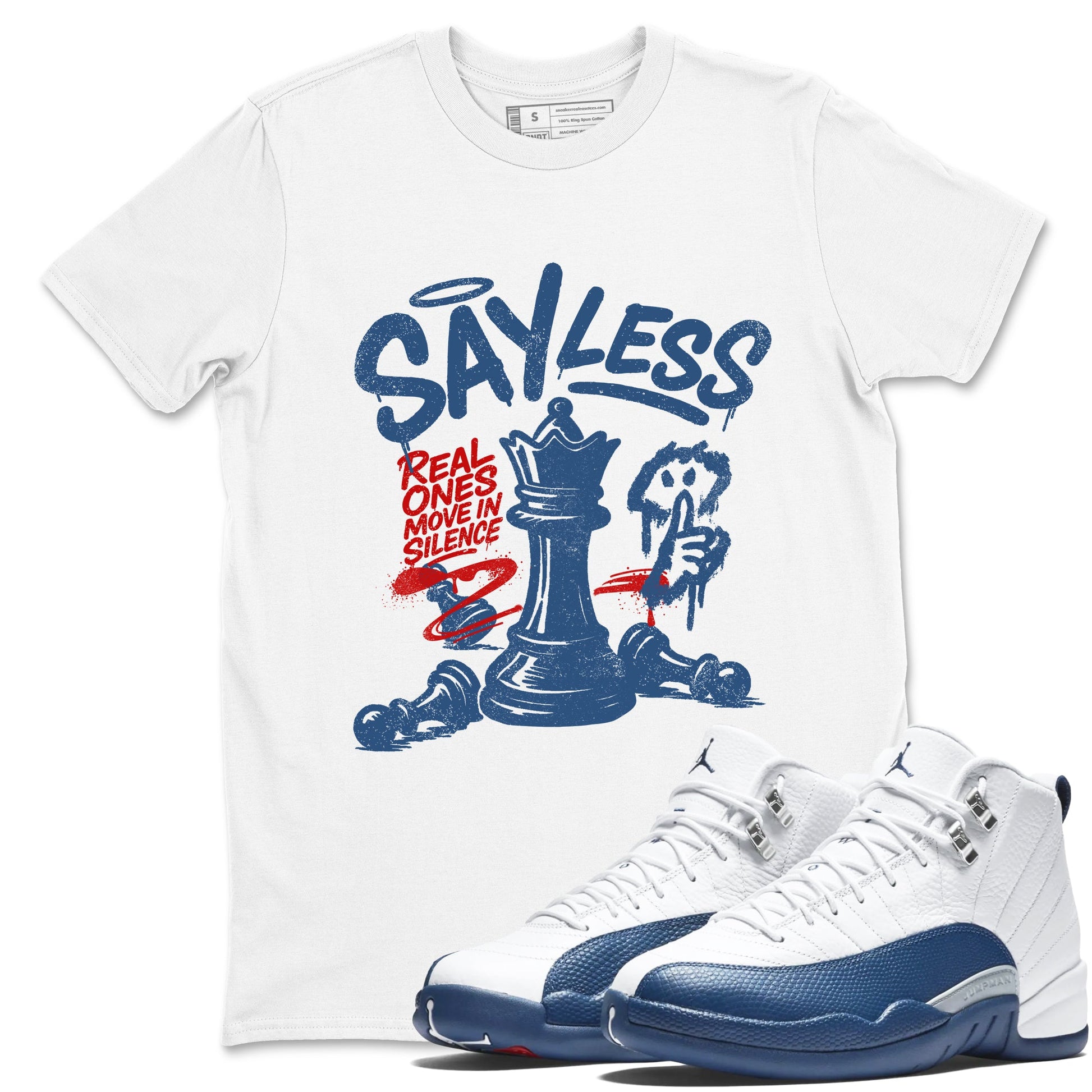 Say Less sneaker match t-shirt styled to complete your fit with the Air Jordan 12 French Blue sneakers, shown in White 1.