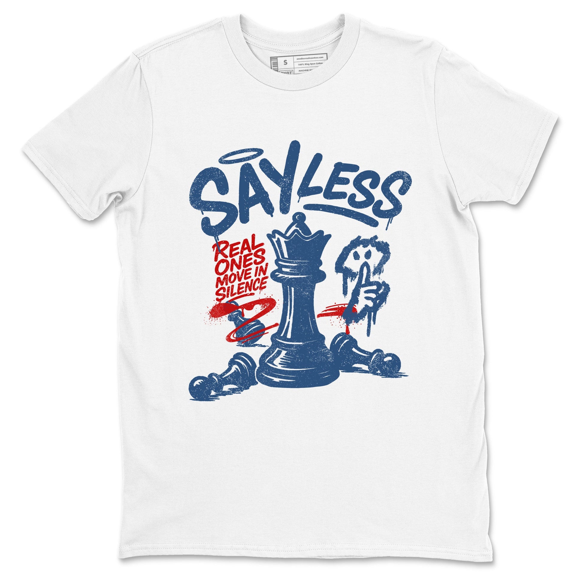 Say Less sneaker match t-shirt styled to complete your fit with the Air Jordan 12 French Blue sneakers, shown in White 2.
