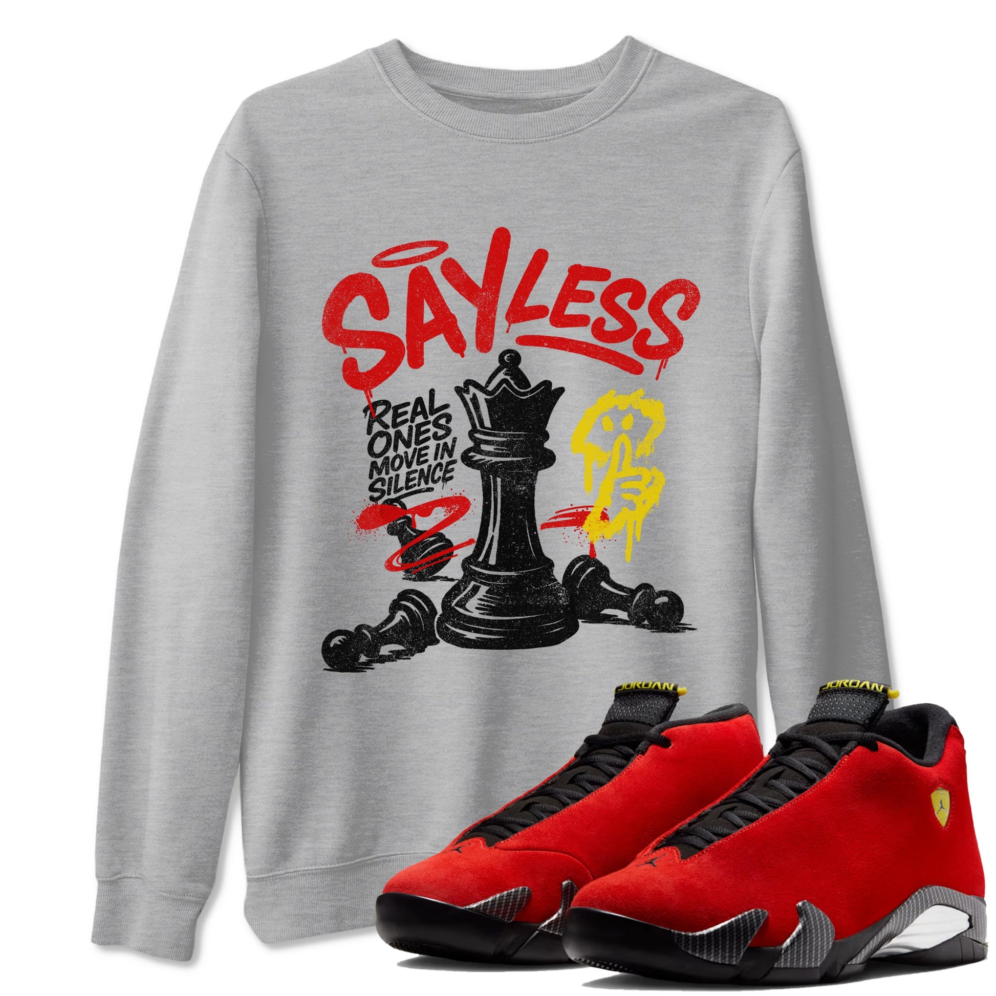 Say Less sneaker match t-shirt styled to complete your fit with the Air Jordan 14 Challenge Red sneakers, AJ14 Ferrari,  shown in Heather Grey 1.