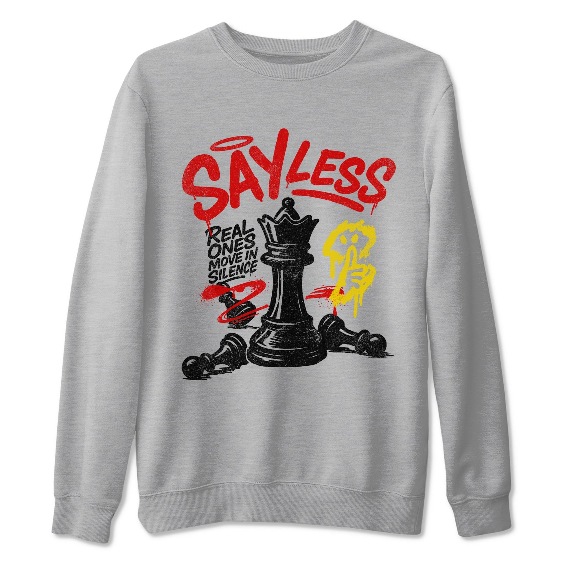 Say Less sneaker match t-shirt styled to complete your fit with the Air Jordan 14 Challenge Red sneakers, AJ14 Ferrari,  shown in Heather Grey 2.