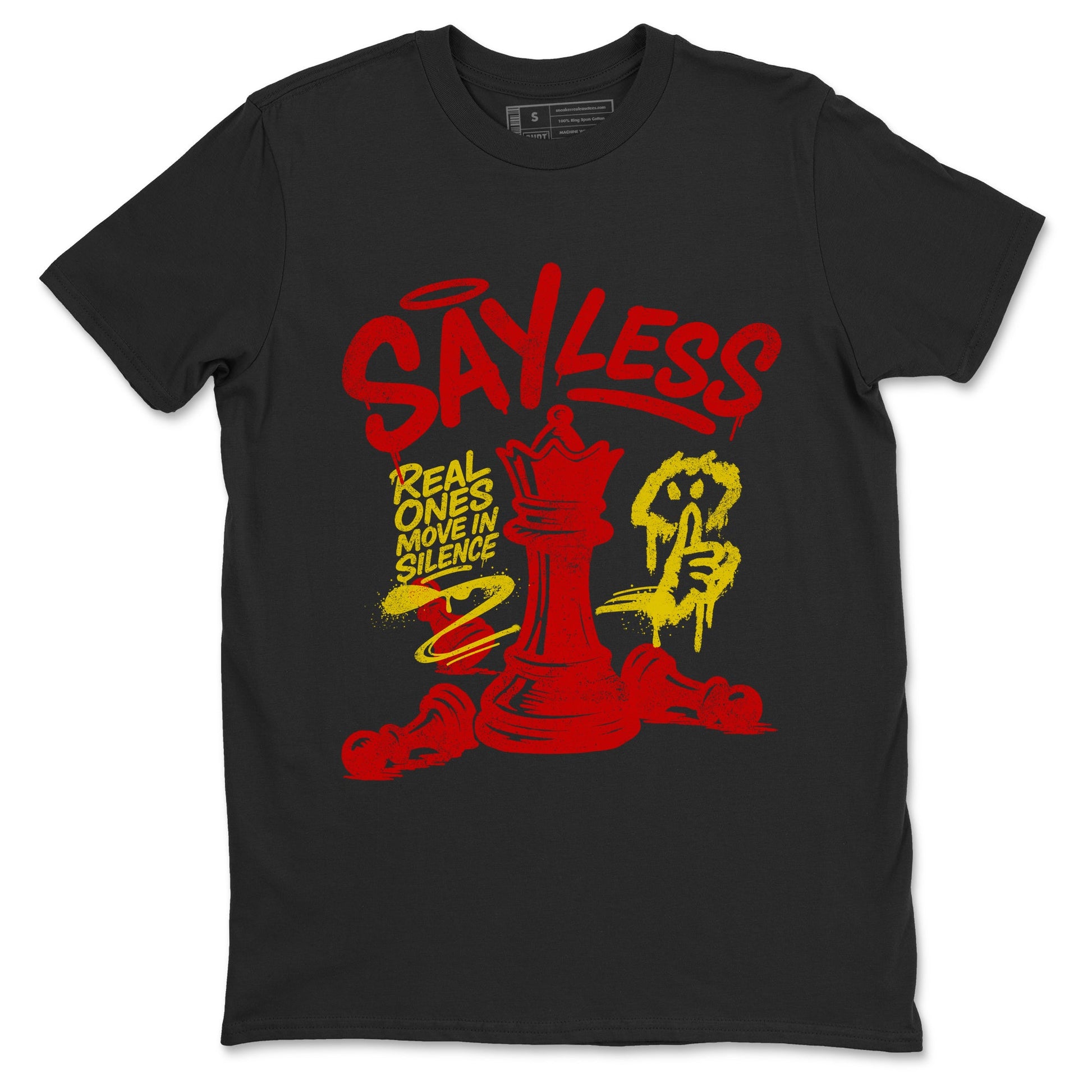 Say Less sneaker match t-shirt styled to complete your fit with the Air Jordan 14 Challenge Red sneakers, AJ14 Ferrari,  shown in Black 2.