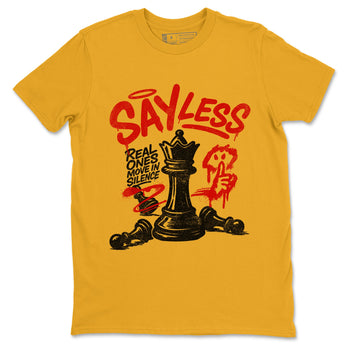 Say Less sneaker match t-shirt styled to complete your fit with the Air Jordan 14 Challenge Red sneakers, AJ14 Ferrari,  shown in Gold 2.
