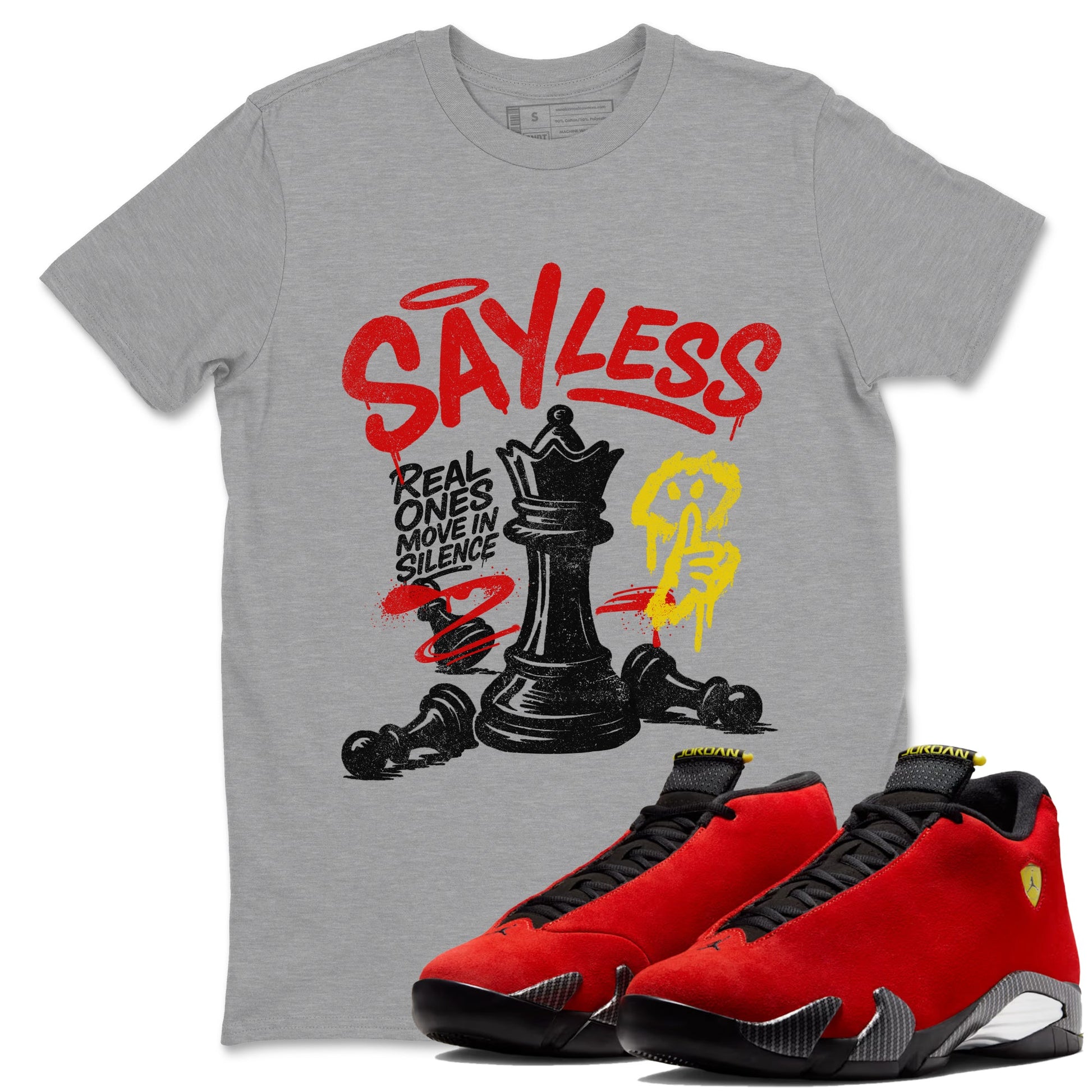 Say Less sneaker match t-shirt styled to complete your fit with the Air Jordan 14 Challenge Red sneakers, AJ14 Ferrari,  shown in Heather Grey 1.