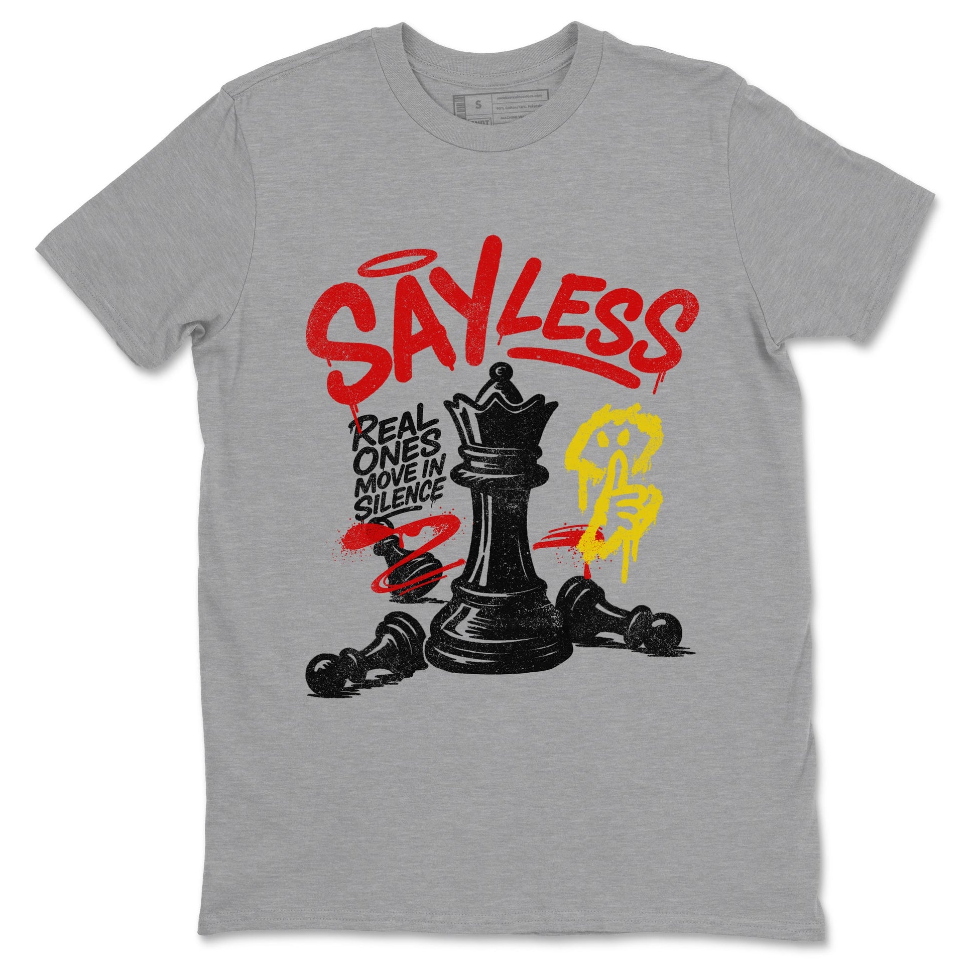 Say Less sneaker match t-shirt styled to complete your fit with the Air Jordan 14 Challenge Red sneakers, AJ14 Ferrari,  shown in Heather Grey 2.