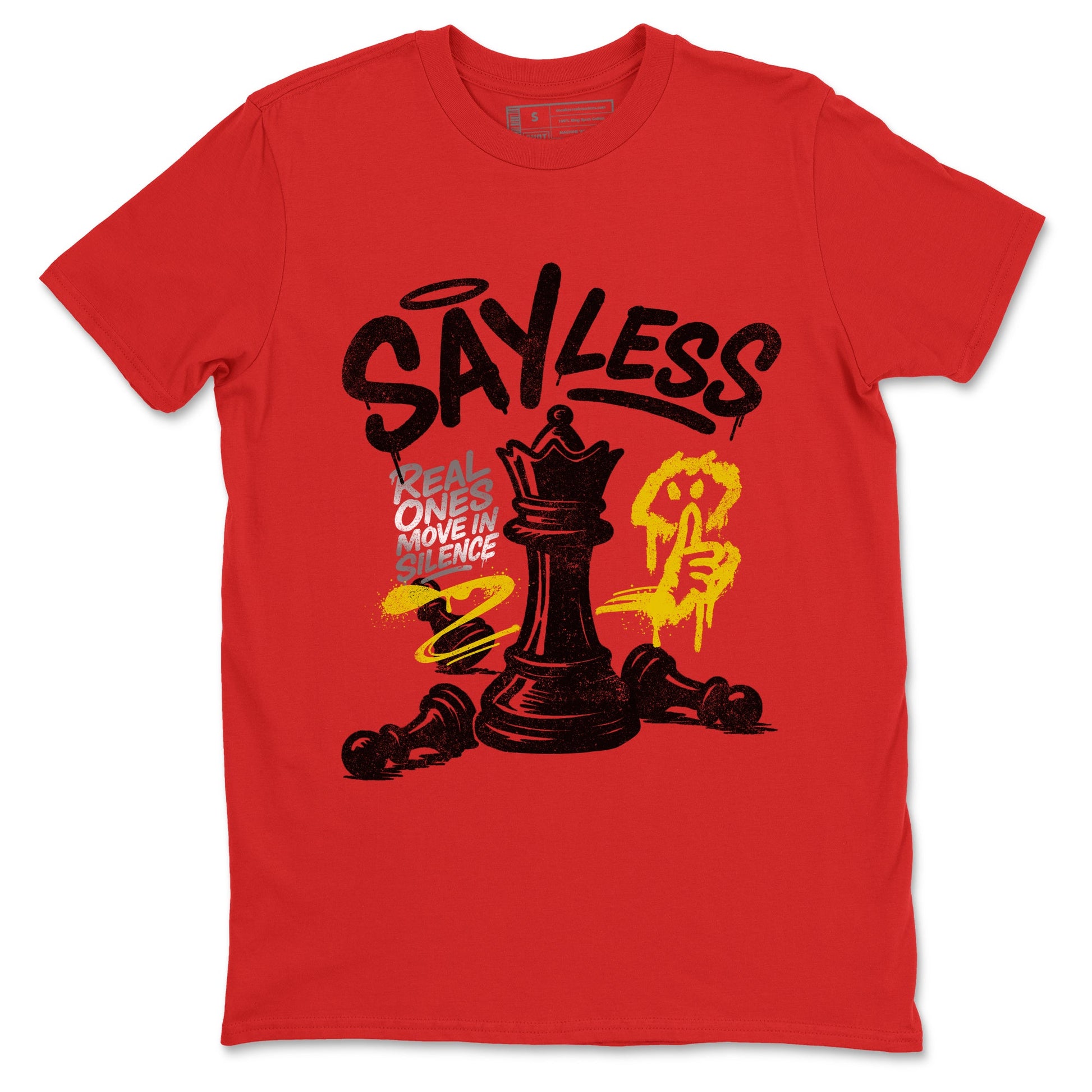 Say Less sneaker match t-shirt styled to complete your fit with the Air Jordan 14 Challenge Red sneakers, AJ14 Ferrari,  shown in Red 2.