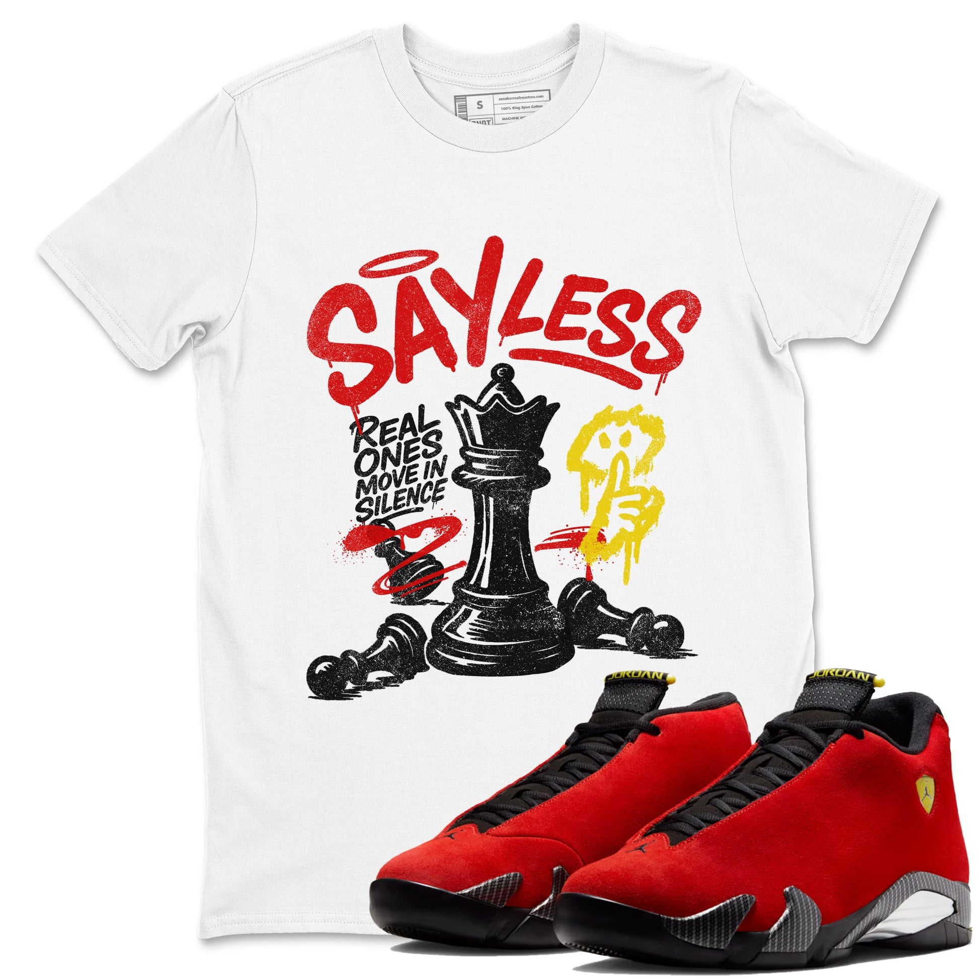 Say Less sneaker match t-shirt styled to complete your fit with the Air Jordan 14 Challenge Red sneakers, AJ14 Ferrari,  shown in White 1.