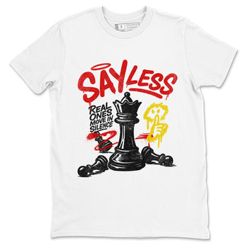 Say Less sneaker match t-shirt styled to complete your fit with the Air Jordan 14 Challenge Red sneakers, AJ14 Ferrari,  shown in White 2.