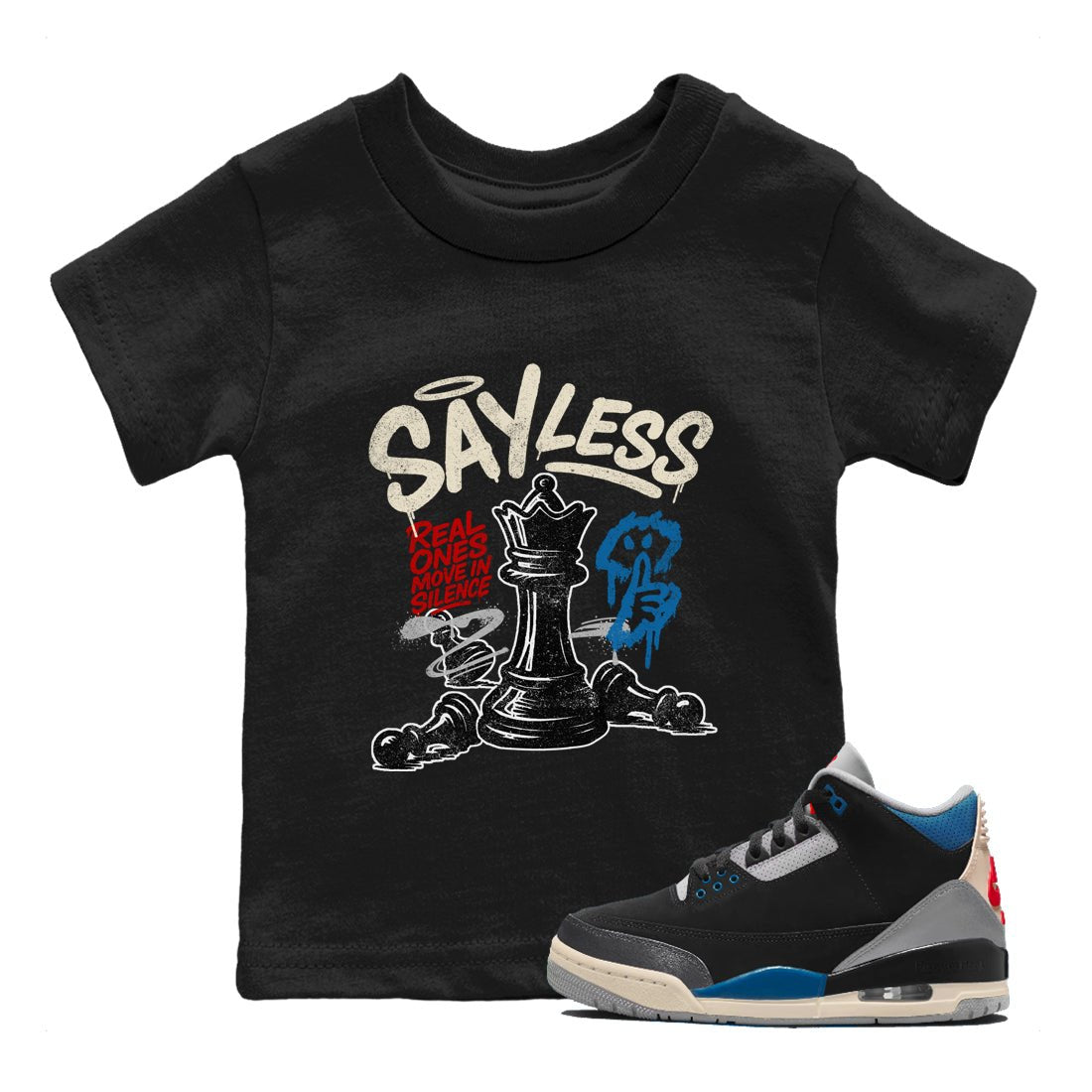 Say Less baby and kids t-shirt crafted for little sneakerheads to shine with the Air Jordan 3 Rare Air sneakers, displayed in Black 1.