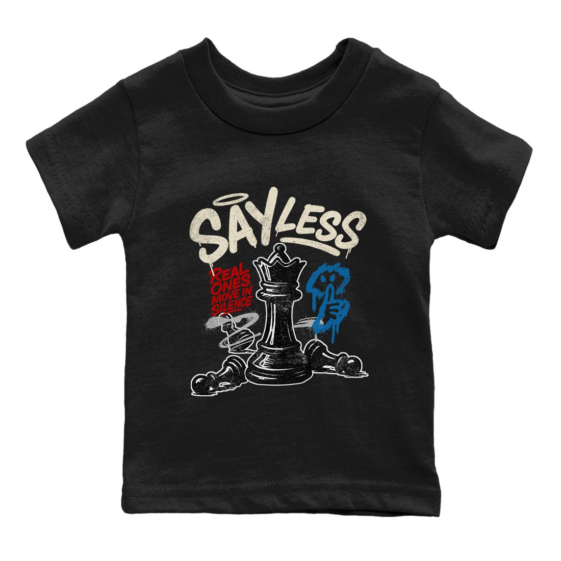 Say Less baby and kids t-shirt crafted for little sneakerheads to shine with the Air Jordan 3 Rare Air sneakers, displayed in Black 2.