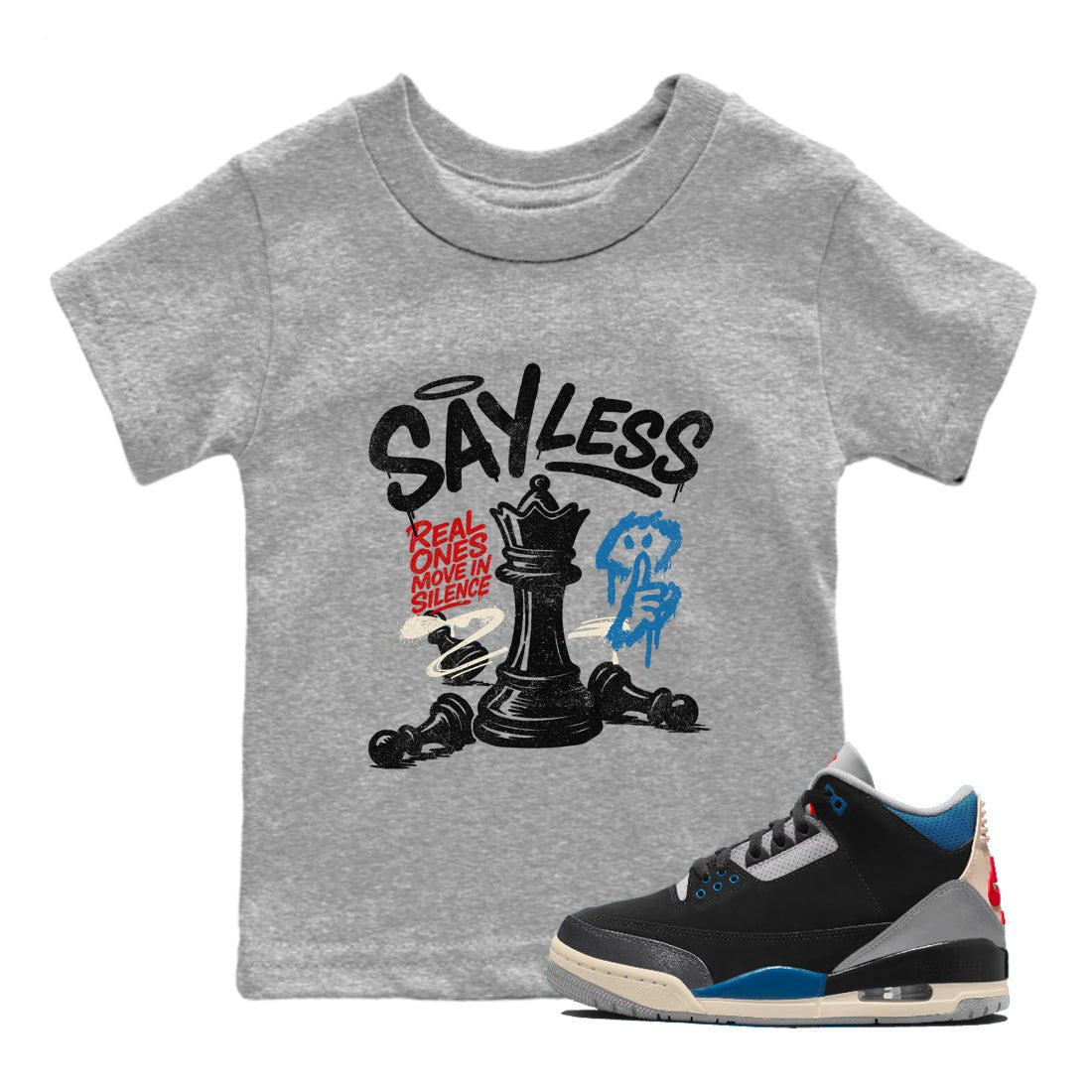 Say Less baby and kids t-shirt crafted for little sneakerheads to shine with the Air Jordan 3 Rare Air sneakers, displayed in Heather Grey 1.