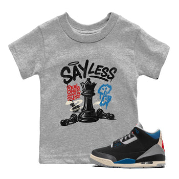 Say Less baby and kids t-shirt crafted for little sneakerheads to shine with the Air Jordan 3 Rare Air sneakers, displayed in Heather Grey 1.