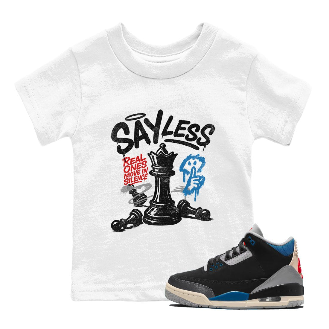 Say Less baby and kids t-shirt crafted for little sneakerheads to shine with the Air Jordan 3 Rare Air sneakers, displayed in White 1.