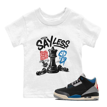 Say Less baby and kids t-shirt crafted for little sneakerheads to shine with the Air Jordan 3 Rare Air sneakers, displayed in White 1.