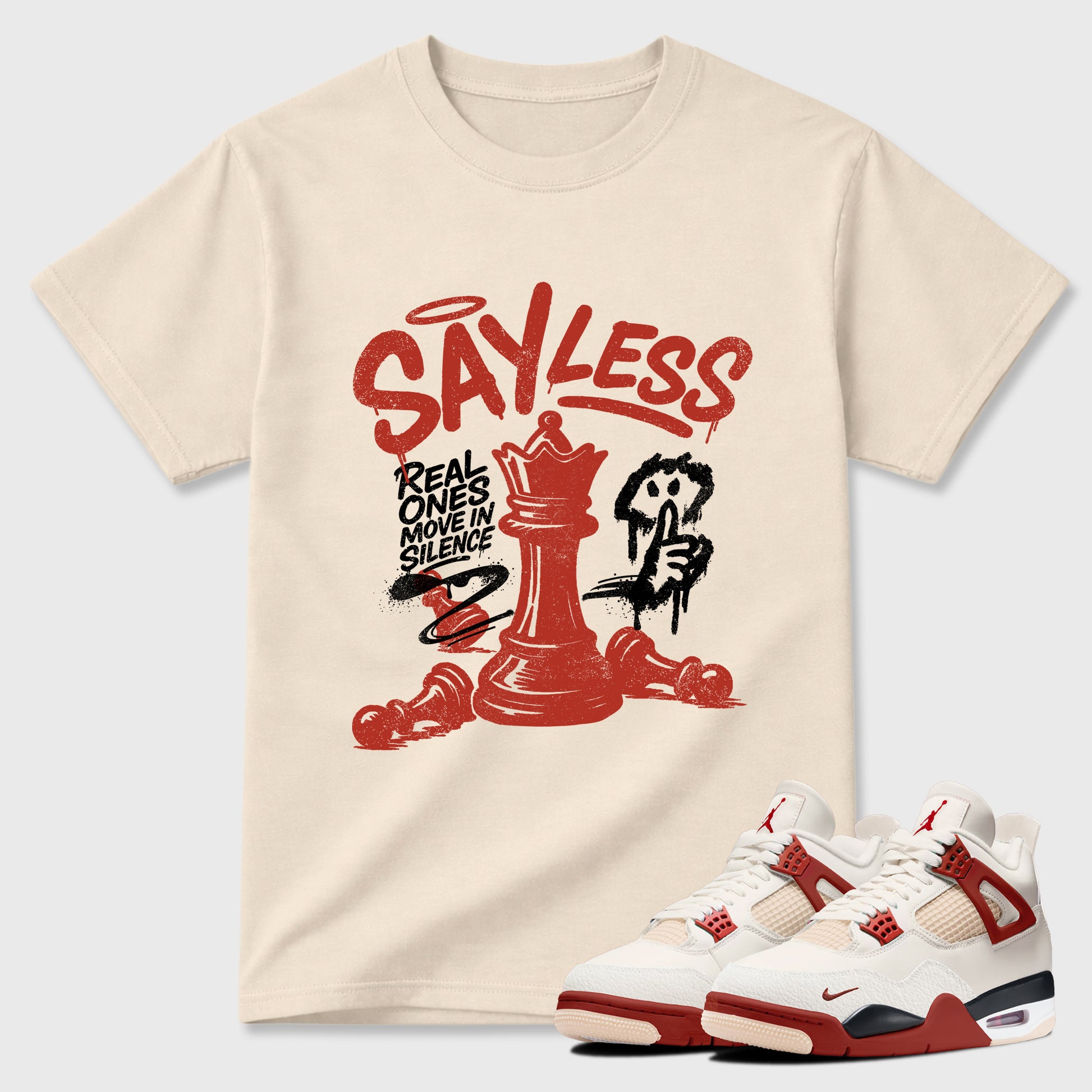Perfect Sneakerhead Fashion Outfits – Sneaker Tees To Match Air Jordan 4 Brick After Brick Shoes – Say Less Graphic Tee Natural 1