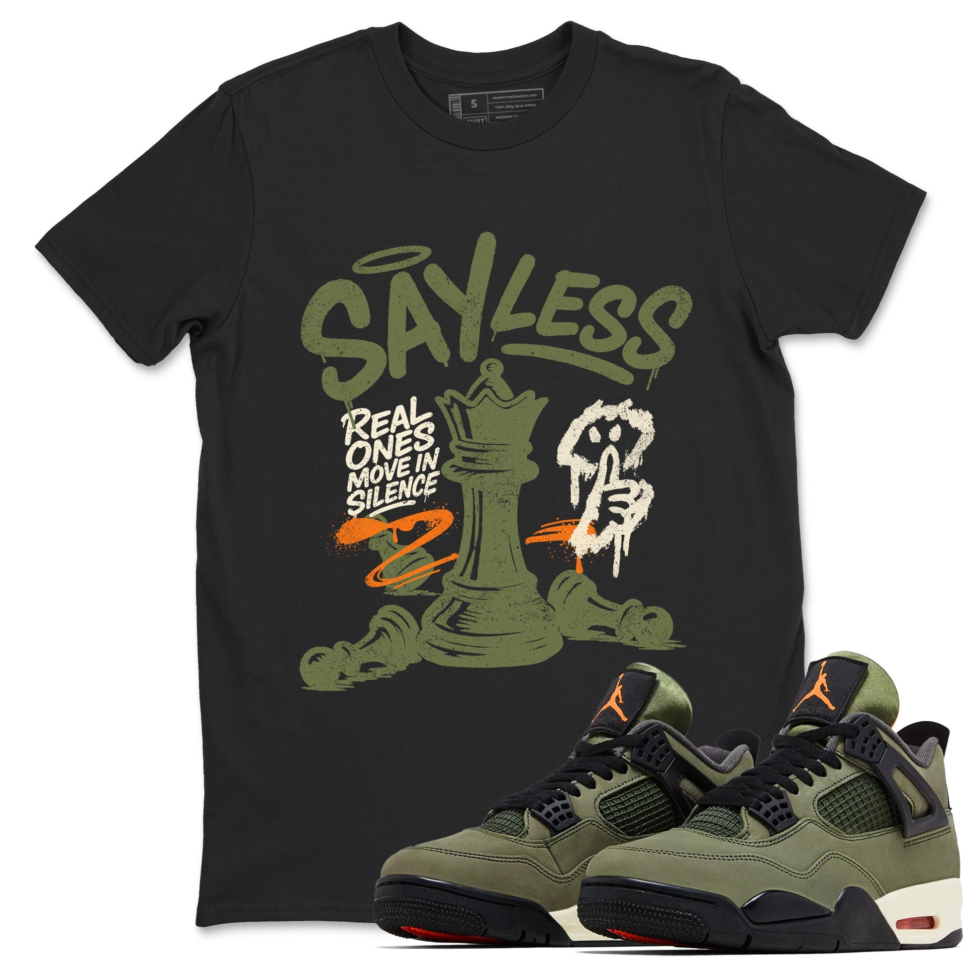 Sneaker match tees – Sneaker Tees To Match Undefeated inspired colorways Air Jordan 4 OG Olive Shoes  – Say Less Tee Black 1