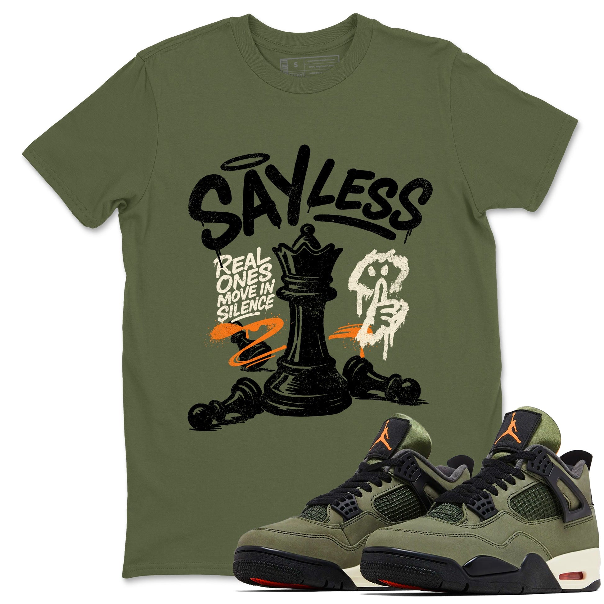 Sneaker match tees – Sneaker Tees To Match Undefeated inspired colorways Air Jordan 4 OG Olive Shoes  – Say Less Tee Military Green 1