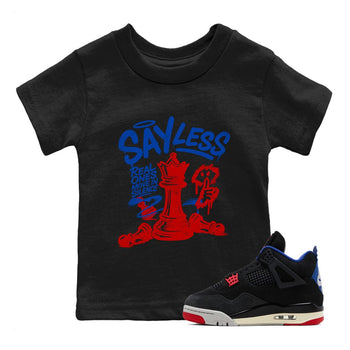 Say Less baby and kids t-shirt crafted for little sneakerheads to shine with the Air Jordan 4 Rare Air sneakers, displayed in Black 1.