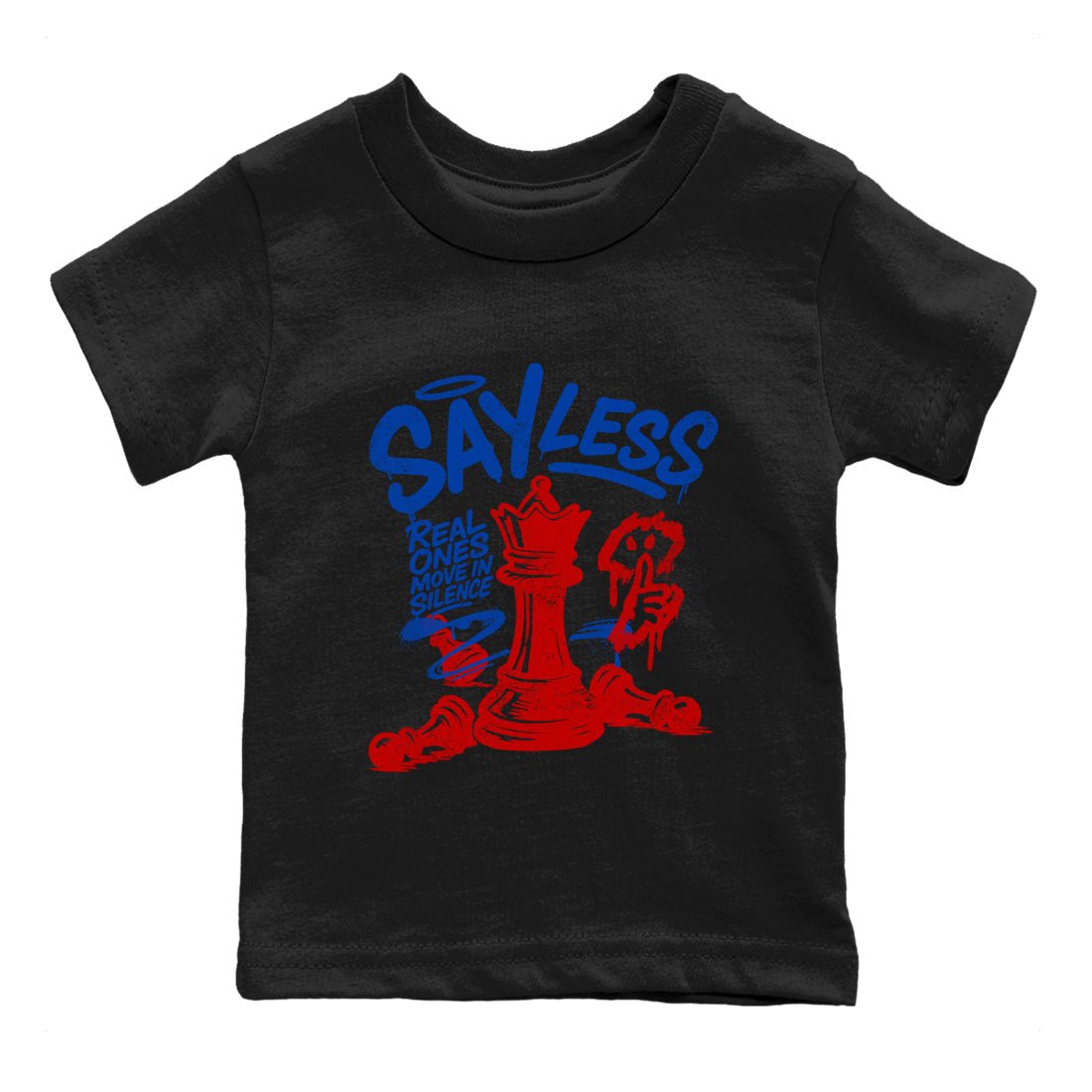 Say Less baby and kids t-shirt crafted for little sneakerheads to shine with the Air Jordan 4 Rare Air sneakers, displayed in Black 2.