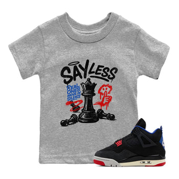 Say Less baby and kids t-shirt crafted for little sneakerheads to shine with the Air Jordan 4 Rare Air sneakers, displayed in Heather Grey 1.