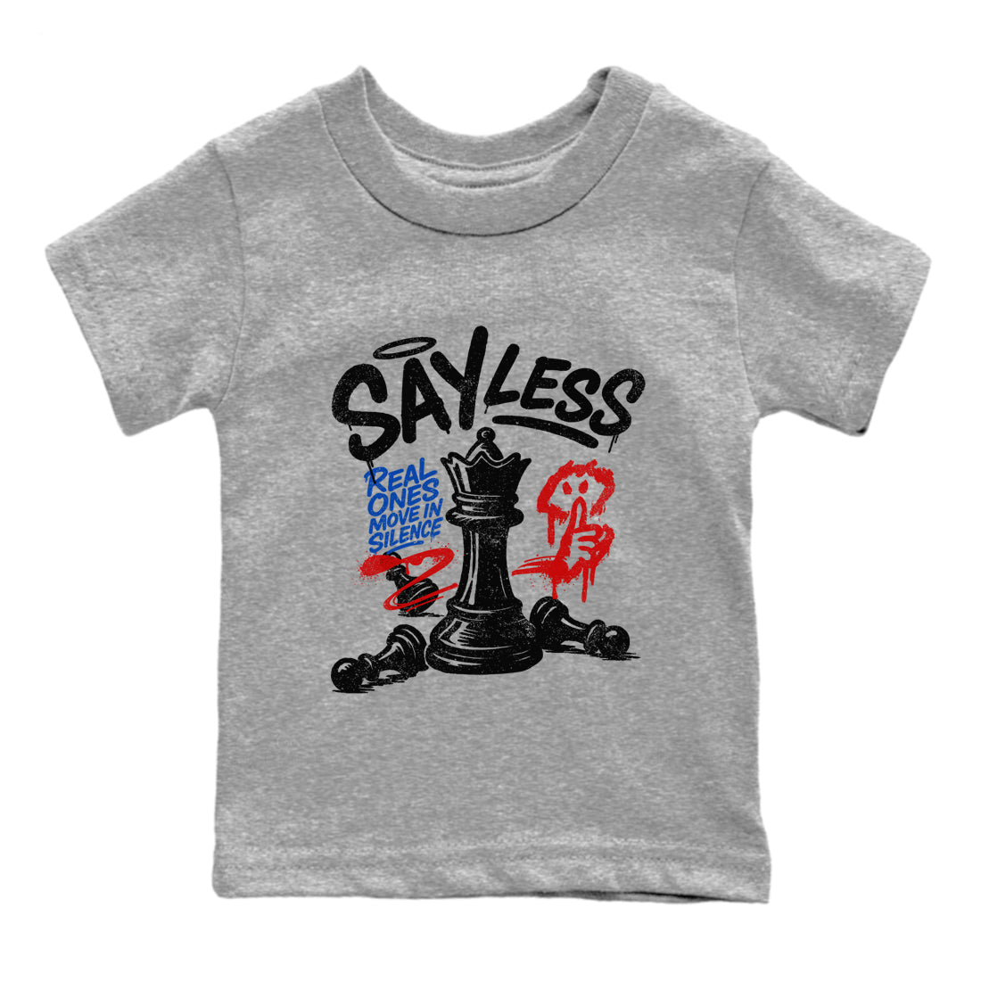 Say Less baby and kids t-shirt crafted for little sneakerheads to shine with the Air Jordan 4 Rare Air sneakers, displayed in Heather Grey 2.