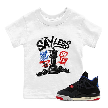 Say Less baby and kids t-shirt crafted for little sneakerheads to shine with the Air Jordan 4 Rare Air sneakers, displayed in White 1.