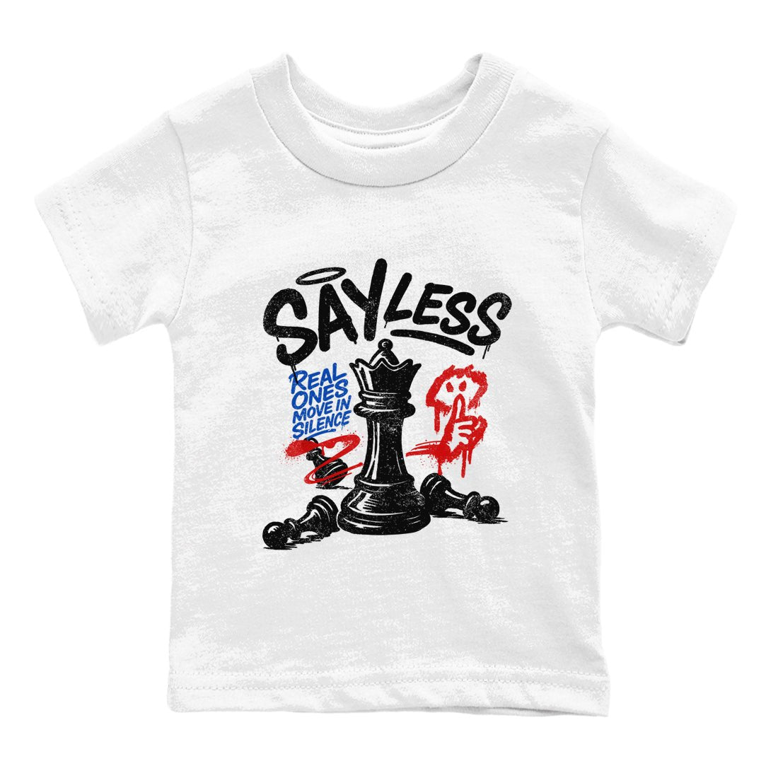 Say Less baby and kids t-shirt crafted for little sneakerheads to shine with the Air Jordan 4 Rare Air sneakers, displayed in White 2.