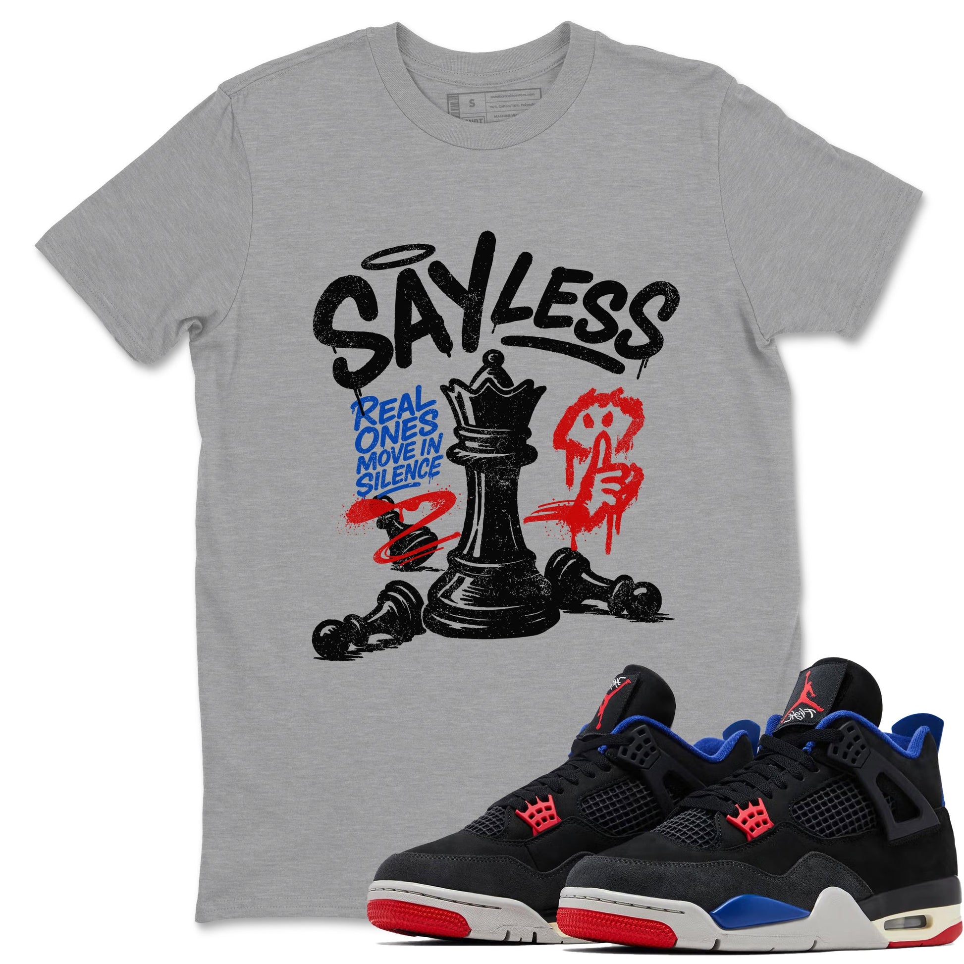 Say Less sneaker match t-shirt styled to complete your fit with the Air Jordan 4 Rare Air sneakers, shown in Heather Grey 1.