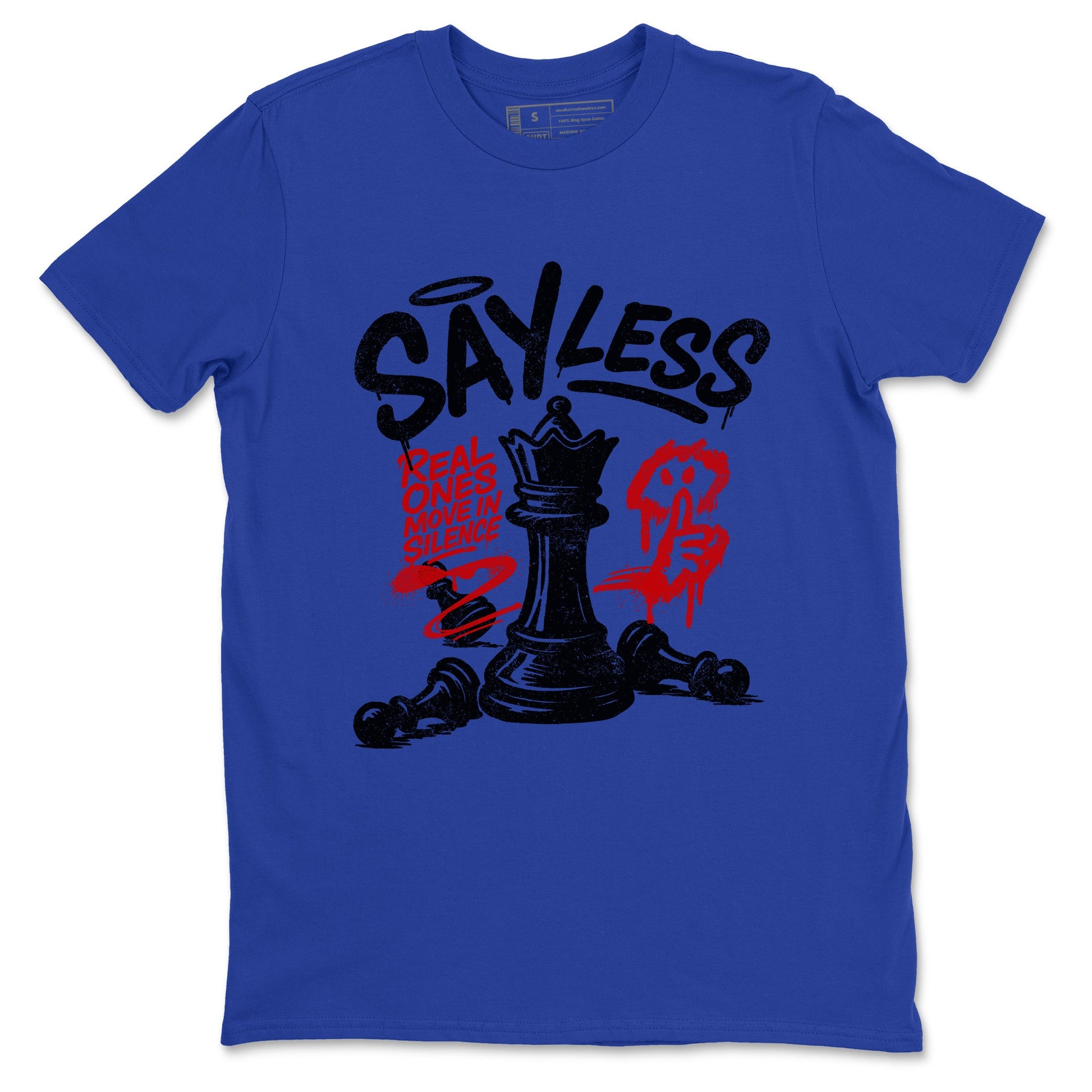 Say Less sneaker match t-shirt styled to complete your fit with the Air Jordan 4 Rare Air sneakers, shown in Royal Blue 2.