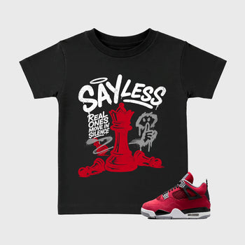 Say Less affordable baby and kids t-shirt designed to match the Air Jordan 4 Toro Bravo, featuring coordinated Black 1 options for the perfect little sneakerhead streetwear look.