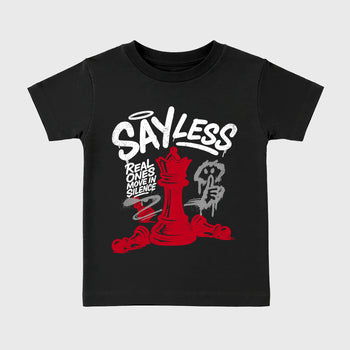 Say Less affordable baby and kids t-shirt designed to match the Air Jordan 4 Toro Bravo, featuring coordinated Black 2 options for the perfect little sneakerhead streetwear look.