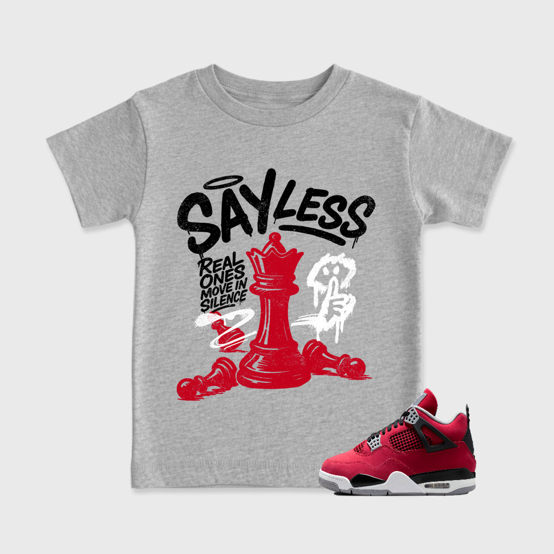 Say Less affordable baby and kids t-shirt designed to match the Air Jordan 4 Toro Bravo, featuring coordinated Heather Grey 1 options for the perfect little sneakerhead streetwear look.