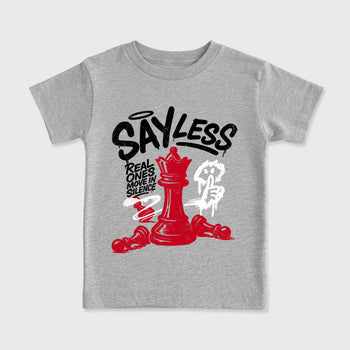 Say Less affordable baby and kids t-shirt designed to match the Air Jordan 4 Toro Bravo, featuring coordinated Heather Grey 2 options for the perfect little sneakerhead streetwear look.