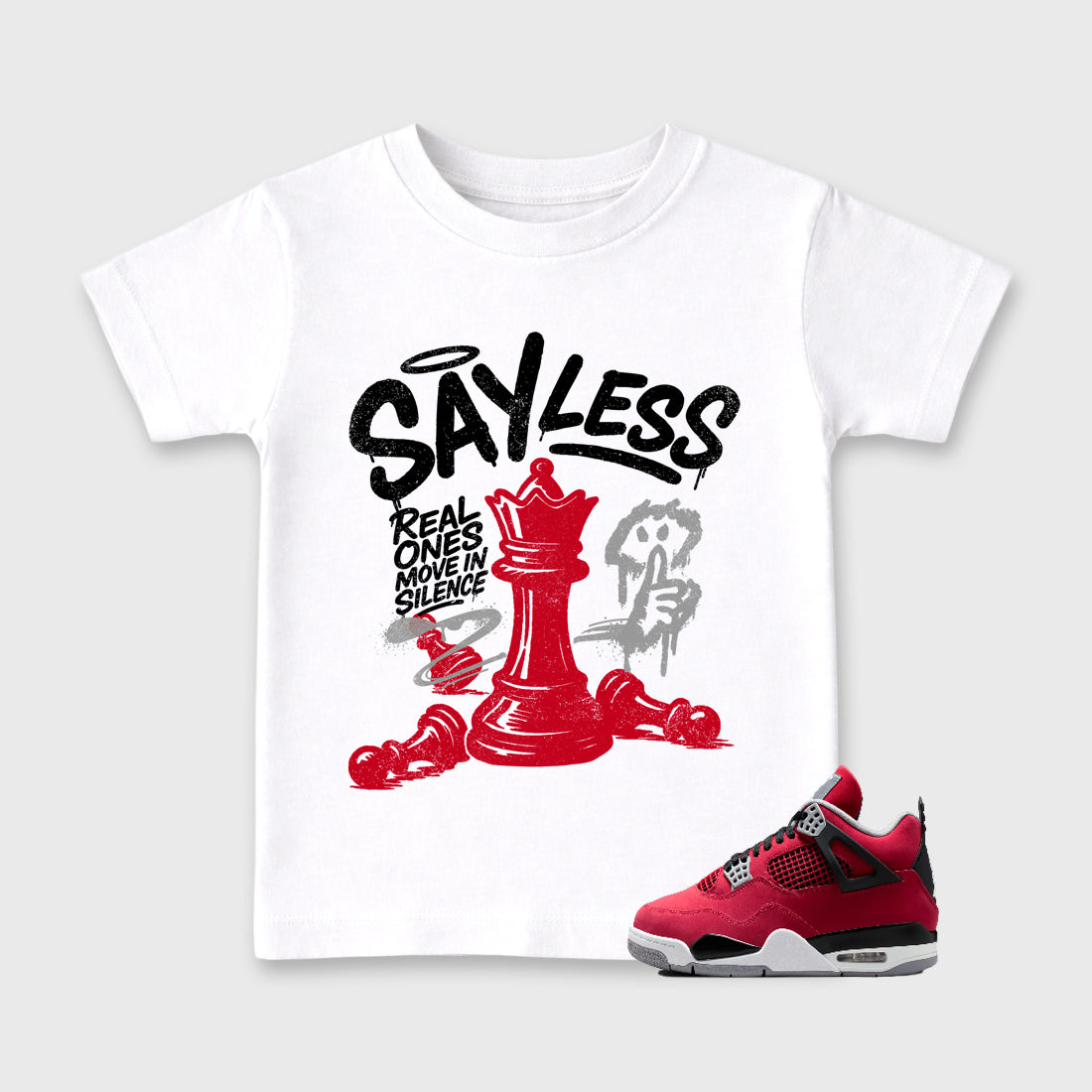 Say Less affordable baby and kids t-shirt designed to match the Air Jordan 4 Toro Bravo, featuring coordinated White 1 options for the perfect little sneakerhead streetwear look.