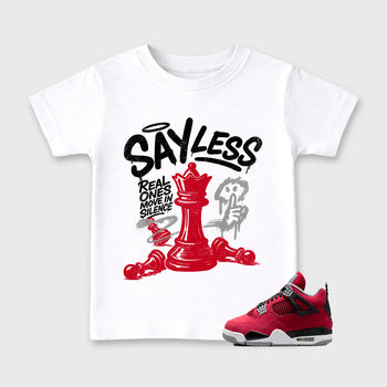 Say Less affordable baby and kids t-shirt designed to match the Air Jordan 4 Toro Bravo, featuring coordinated White 1 options for the perfect little sneakerhead streetwear look.