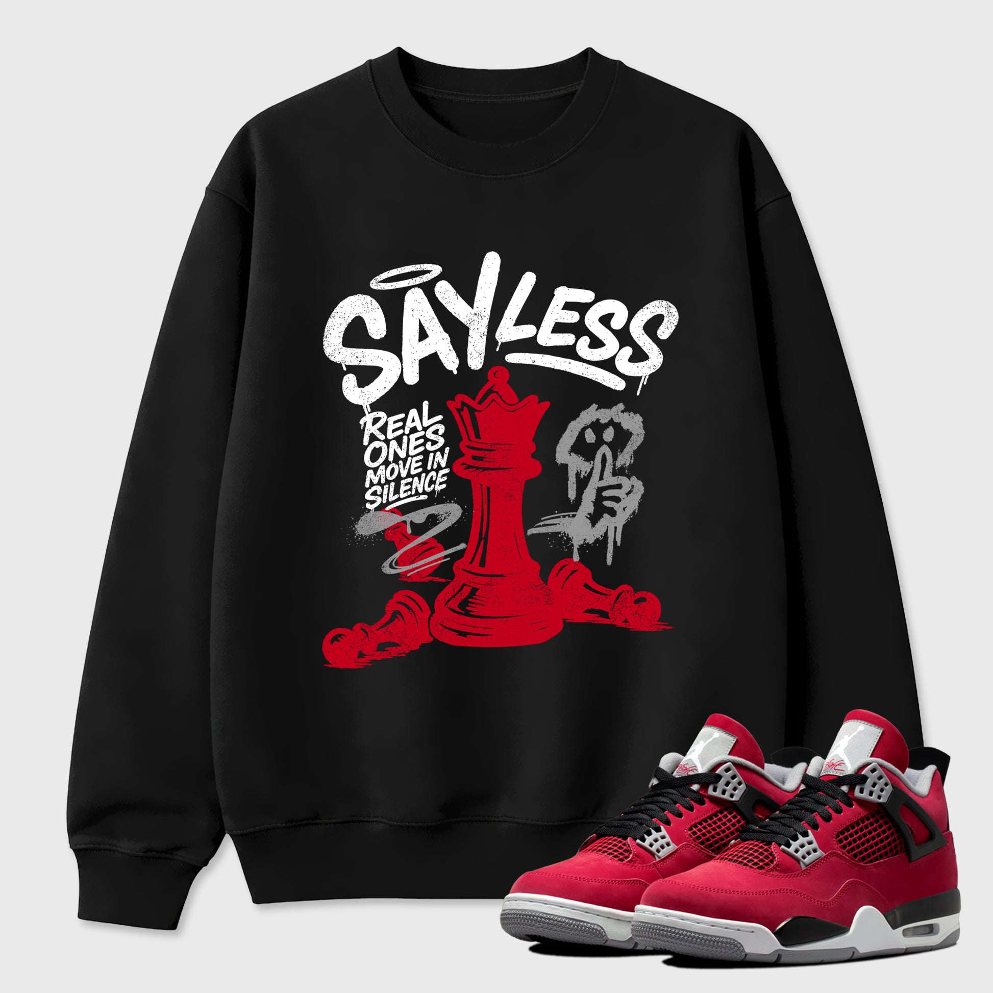 Say Less Graphic T-Shirt sneaker match tee designed for the Air Jordan 4 Toro Bravo, featuring coordinated color options for a perfect streetwear match. Black 1 shirt.