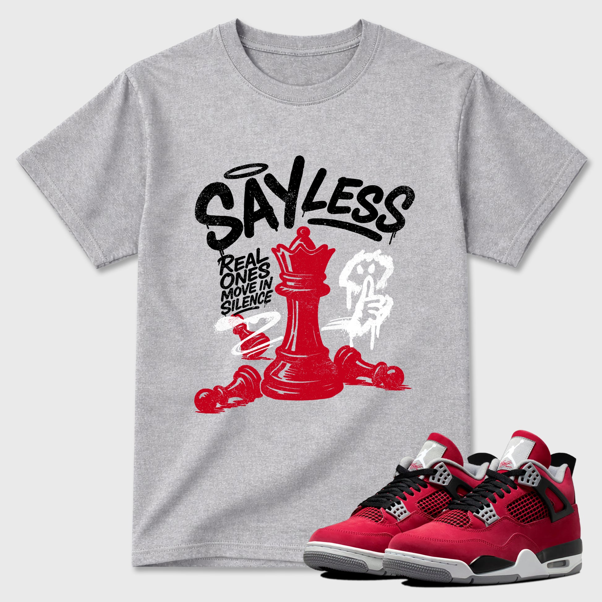 Say Less Graphic T-Shirt sneaker match tee designed for the Air Jordan 4 Toro Bravo, featuring coordinated color options for a perfect streetwear match. Heather Grey 1 shirt.