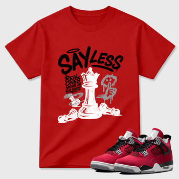 Say Less Graphic T-Shirt sneaker match tee designed for the Air Jordan 4 Toro Bravo, featuring coordinated color options for a perfect streetwear match. Red 1 shirt.