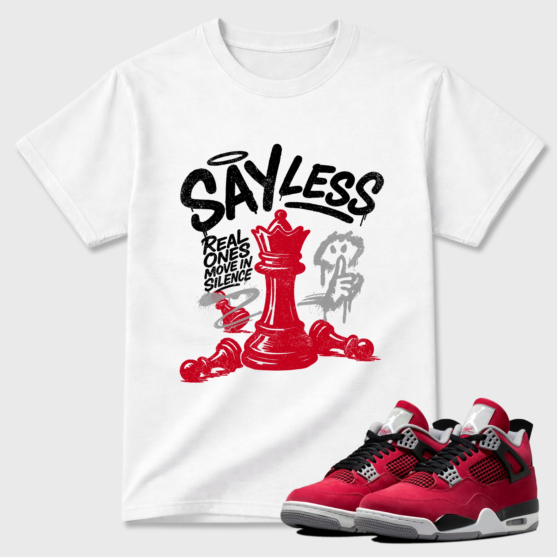 Say Less Graphic T-Shirt sneaker match tee designed for the Air Jordan 4 Toro Bravo, featuring coordinated color options for a perfect streetwear match. White 1 shirt.
