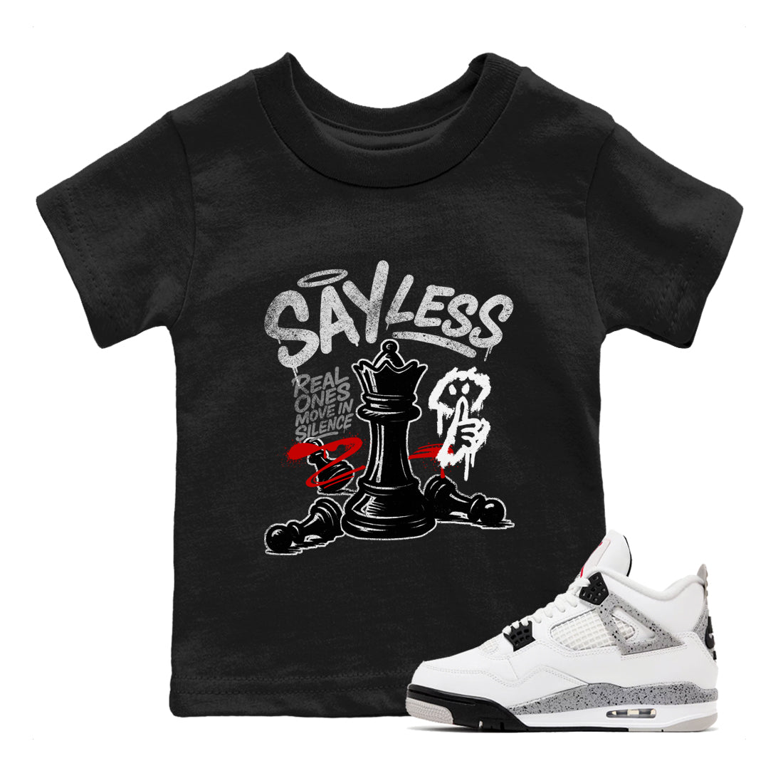 Say Less baby and kids t-shirt crafted for little sneakerheads to shine with the Air Jordan 4 White Cement sneakers, displayed in Black 1.